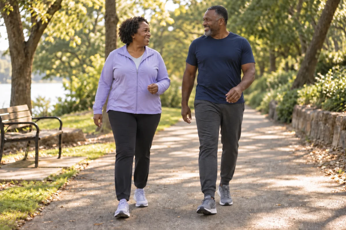 Two friends enjoying an easy walk in a neighborhood park