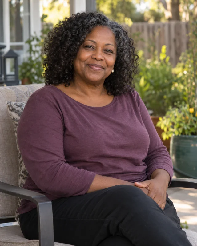AI-generated lifestyle portrait of an older woman seated on her patio