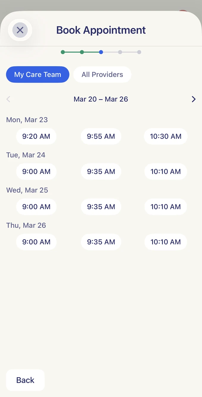 Aayu Well Book Appointment screen showing My Care Team and All Providers filters and available appointment times grouped by day.