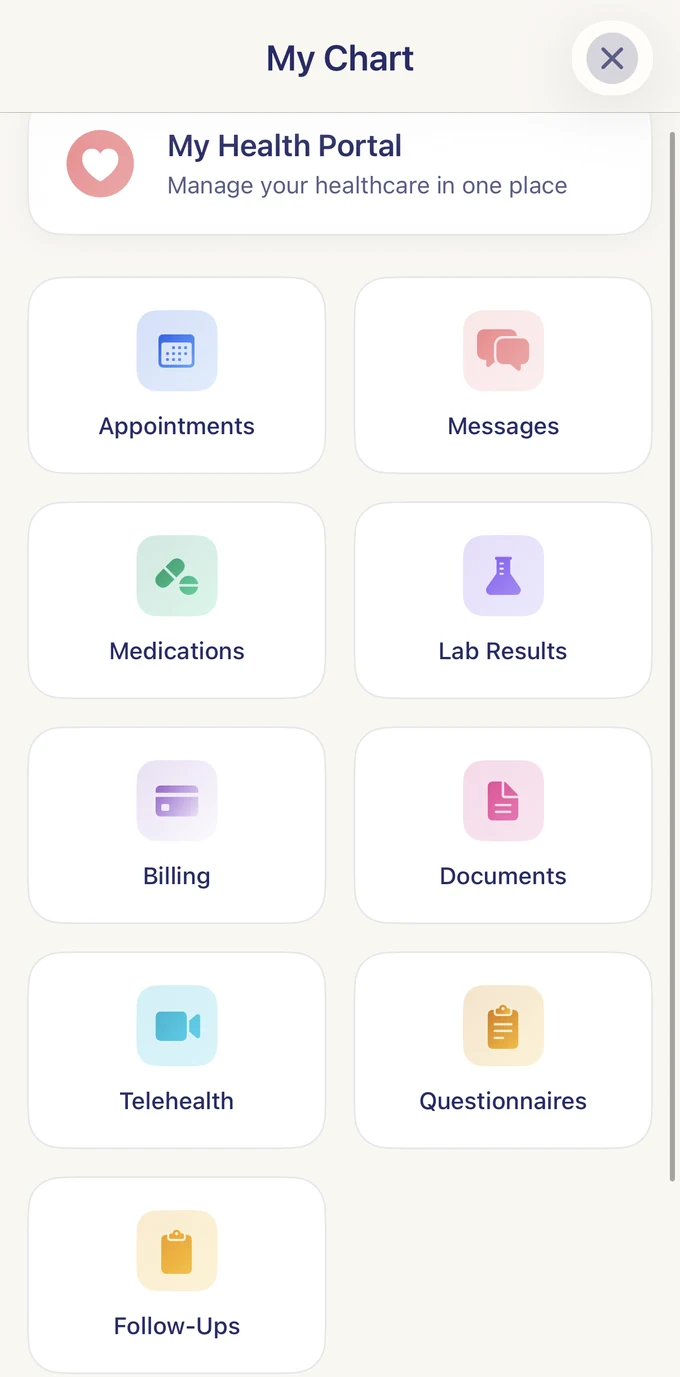 Aayu Well My Chart portal with Appointments, Messages, Medications, Lab Results, Billing, Documents, Telehealth, Questionnaires, and Follow-Ups.