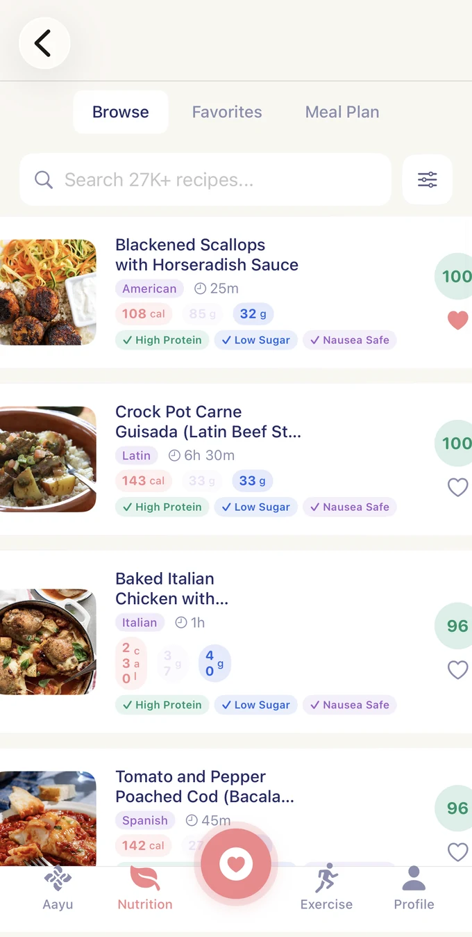 Aayu Well recipe browser with meal photos, nutrition labels, favorites, and a Meal Plan tab.